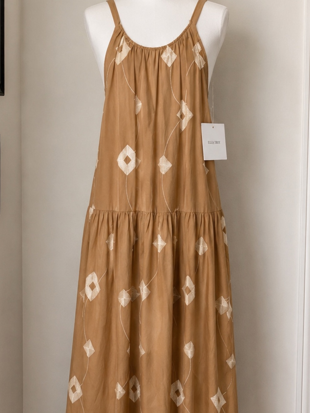 Ellen Tracy Camel Maxi Dress with Cream Embroidery